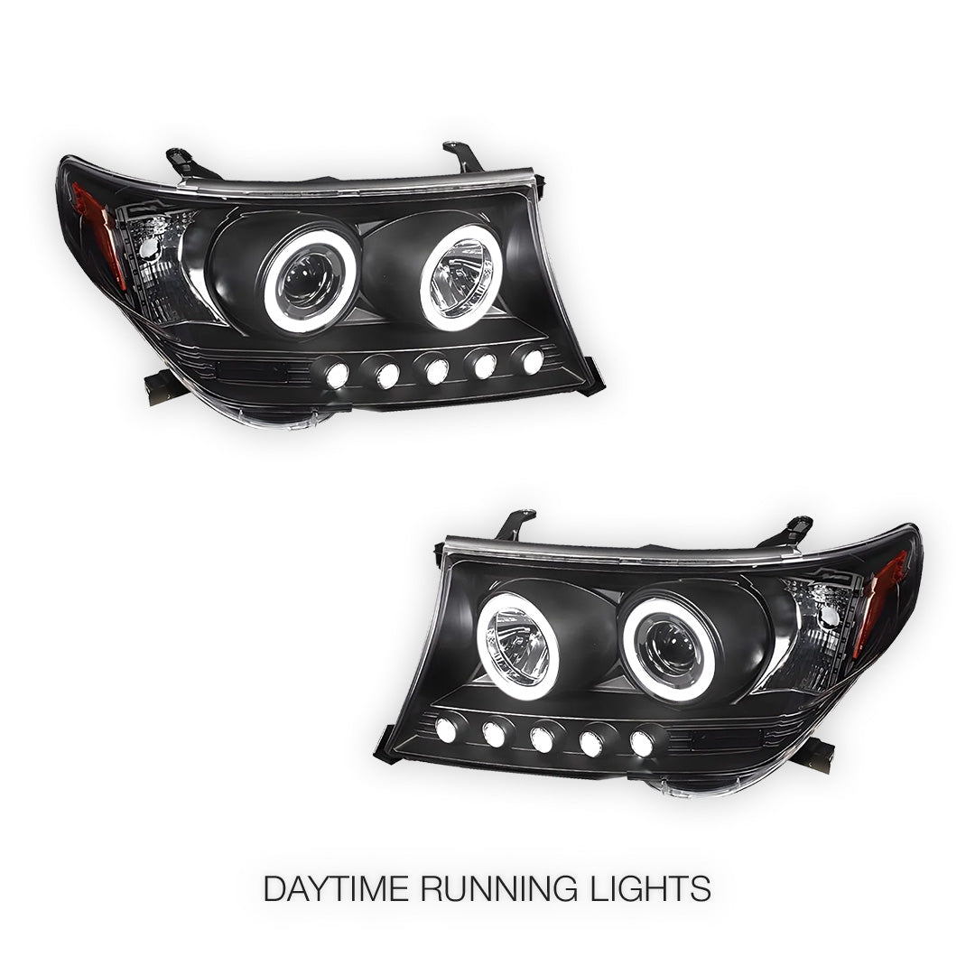 Toyota LandCruiser 200 Series LC200 / FJ200 (2007 - 2015) Black LED DRL & CCFL Angel Eyes Projector Headlights LH + RH