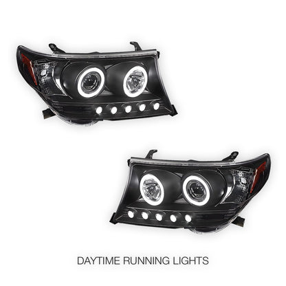 Toyota LandCruiser 200 Series LC200 / FJ200 (2007 - 2015) Black LED DRL & CCFL Angel Eyes Projector Headlights LH + RH