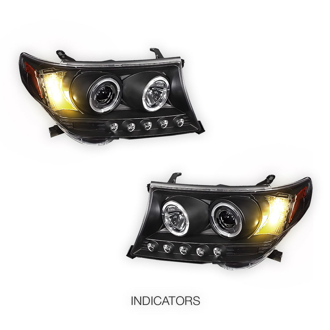 Toyota LandCruiser 200 Series LC200 / FJ200 (2007 - 2015) Black LED DRL & CCFL Angel Eyes Projector Headlights LH + RH
