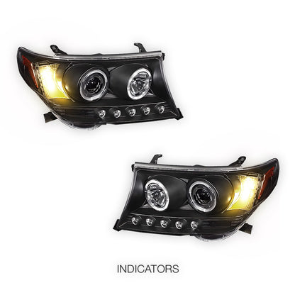 Toyota LandCruiser 200 Series LC200 / FJ200 (2007 - 2015) Black LED DRL & CCFL Angel Eyes Projector Headlights LH + RH