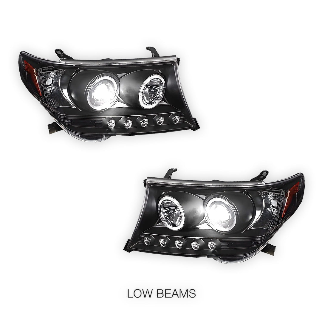 Toyota LandCruiser 200 Series LC200 / FJ200 (2007 - 2015) Black LED DRL & CCFL Angel Eyes Projector Headlights LH + RH