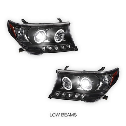 Toyota LandCruiser 200 Series LC200 / FJ200 (2007 - 2015) Black LED DRL & CCFL Angel Eyes Projector Headlights LH + RH