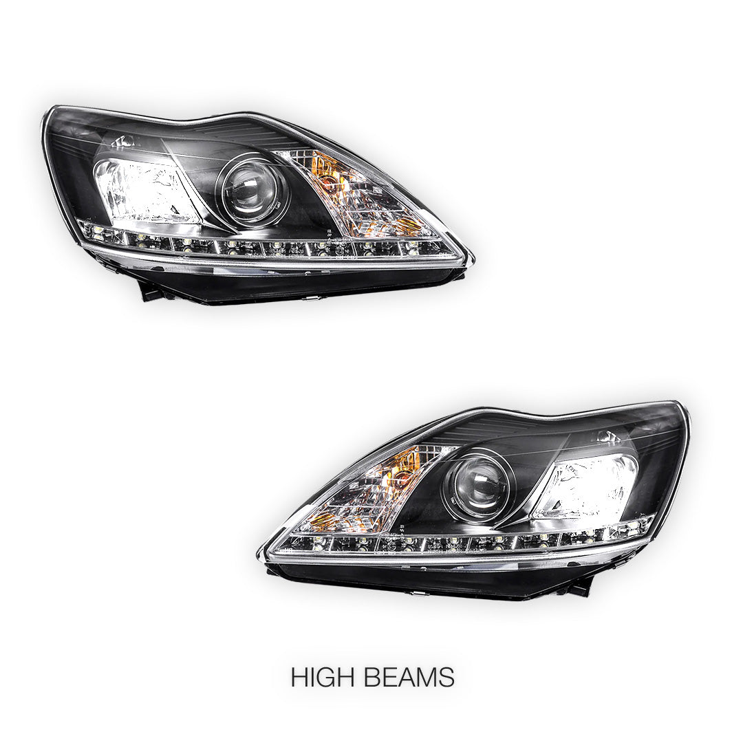 Ford Focus LV (2009 - 2011) Black Day Time DRL LED Projector Headlights LH + RH