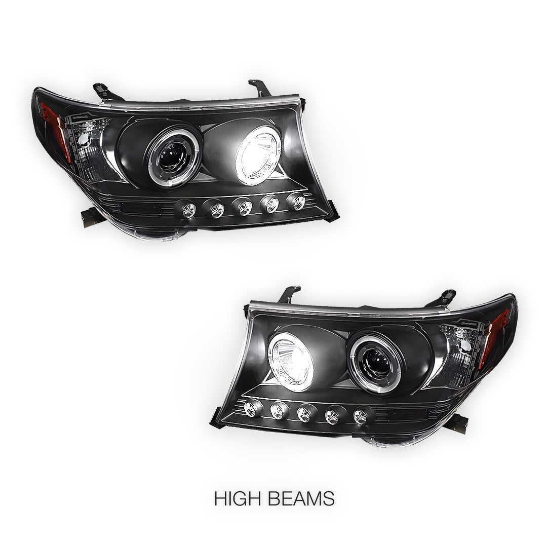 Toyota LandCruiser 200 Series LC200 / FJ200 (2007 - 2015) Black LED DRL & CCFL Angel Eyes Projector Headlights LH + RH