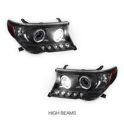 Toyota LandCruiser 200 Series LC200 / FJ200 (2007 - 2015) Black LED DRL & CCFL Angel Eyes Projector Headlights LH + RH