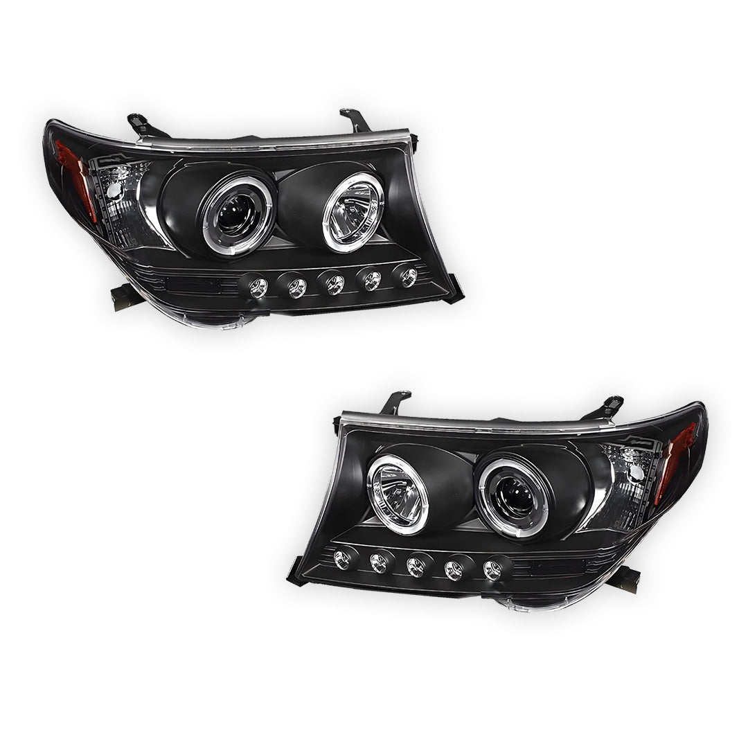 Toyota LandCruiser 200 Series LC200 / FJ200 (2007 - 2015) Black LED DRL & CCFL Angel Eyes Projector Headlights LH + RH