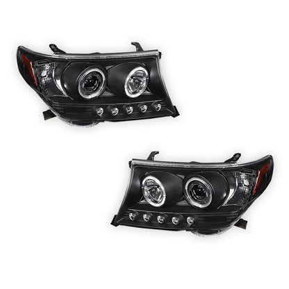 Toyota LandCruiser 200 Series LC200 / FJ200 (2007 - 2015) Black LED DRL & CCFL Angel Eyes Projector Headlights LH + RH
