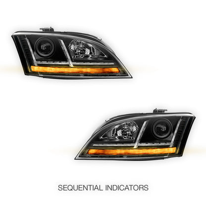 Audi TT 8J (2006 - 2014) HID Xenon Model Black 3D DRL LED Projector With Sequential Indicator Headlights LH + RH