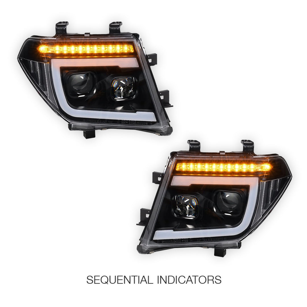 Nissan Navara D40 (2005 - 2014) Black DRL Projector With LED Sequential Indicators Headlights LH + RH