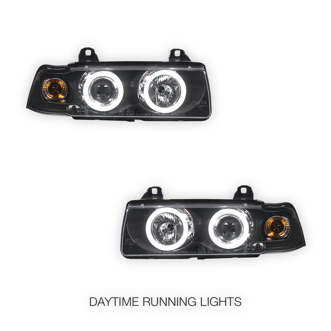 BMW 3 Series E36 Sedan / Wagon (1991 - 1997) Black CCFL Angel Eyes Projector Headlights LH + RH