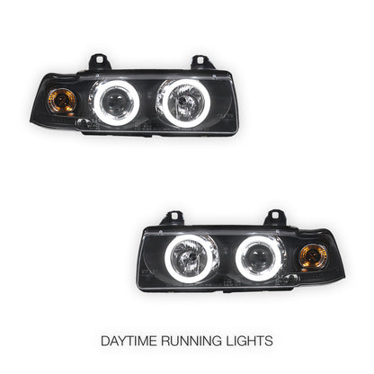 BMW 3 Series E36 Sedan / Wagon (1991 - 1997) Black CCFL Angel Eyes Projector Headlights LH + RH