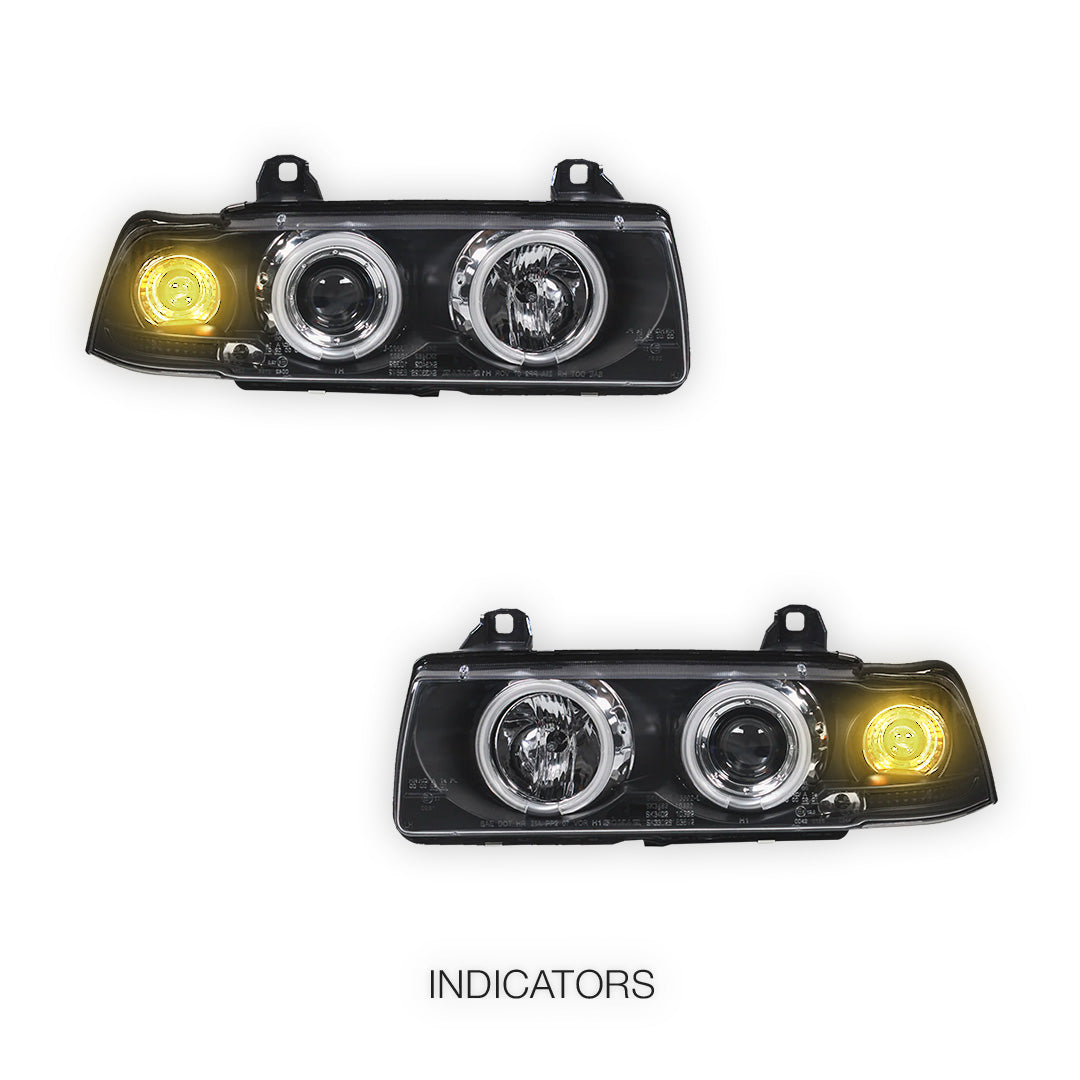 BMW 3 Series E36 Sedan / Wagon (1991 - 1997) Black CCFL Angel Eyes Projector Headlights LH + RH