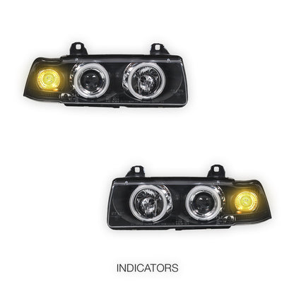 BMW 3 Series E36 Sedan / Wagon (1991 - 1997) Black CCFL Angel Eyes Projector Headlights LH + RH