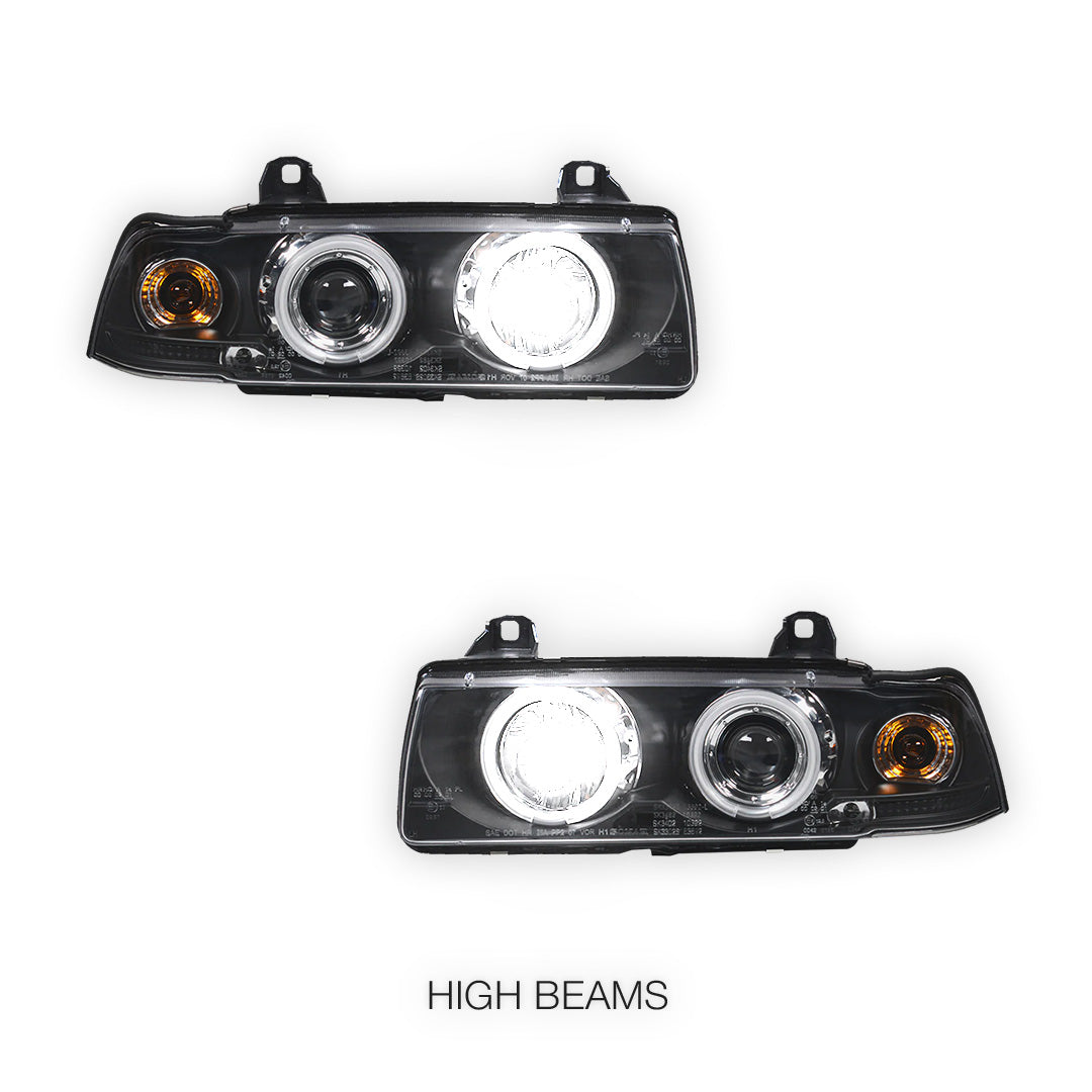 BMW 3 Series E36 Sedan / Wagon (1991 - 1997) Black CCFL Angel Eyes Projector Headlights LH + RH