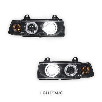 BMW 3 Series E36 Sedan / Wagon (1991 - 1997) Black CCFL Angel Eyes Projector Headlights LH + RH