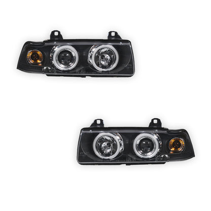 BMW 3 Series E36 Sedan / Wagon (1991 - 1997) Black CCFL Angel Eyes Projector Headlights LH + RH
