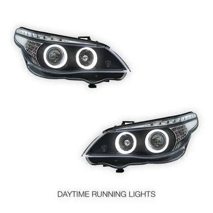 BMW 5 Series E60 / E61 (2003 - 2007) Black 3D LED Angel Eyes Projector With LED Indicators Headlights LH + RH
