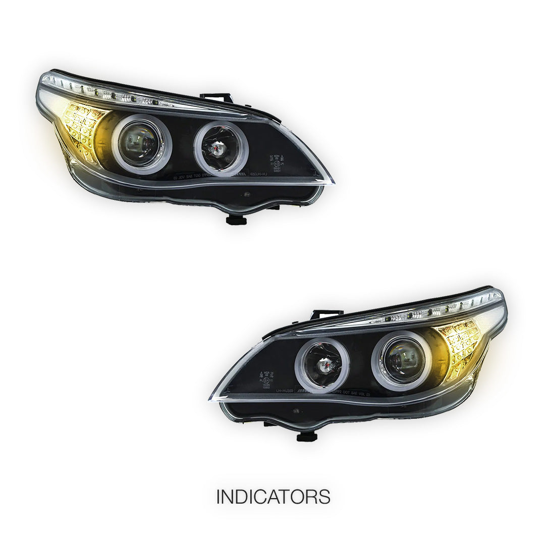 BMW 5 Series E60 / E61 (2003 - 2007) Black 3D LED Angel Eyes Projector With LED Indicators Headlights LH + RH