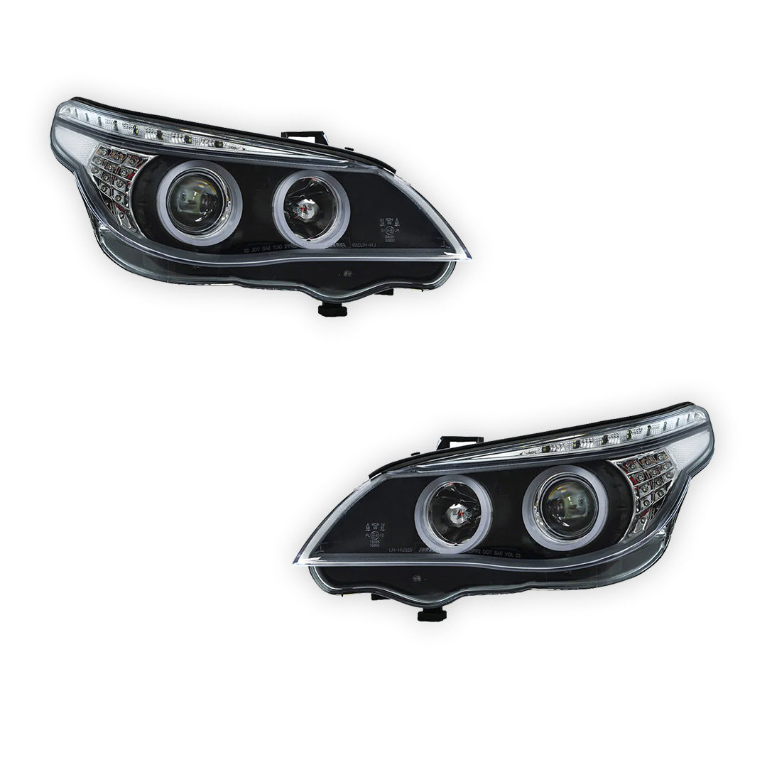 BMW 5 Series E60 / E61 (2003 - 2007) Black 3D LED Angel Eyes Projector With LED Indicators Headlights LH + RH
