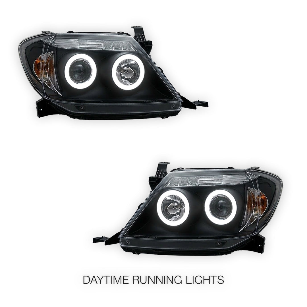 Toyota HiLux SR5 (2005 - 2010) Dual CCFL Halo Rings & LED Park Lights Clear Headlights LH + RH