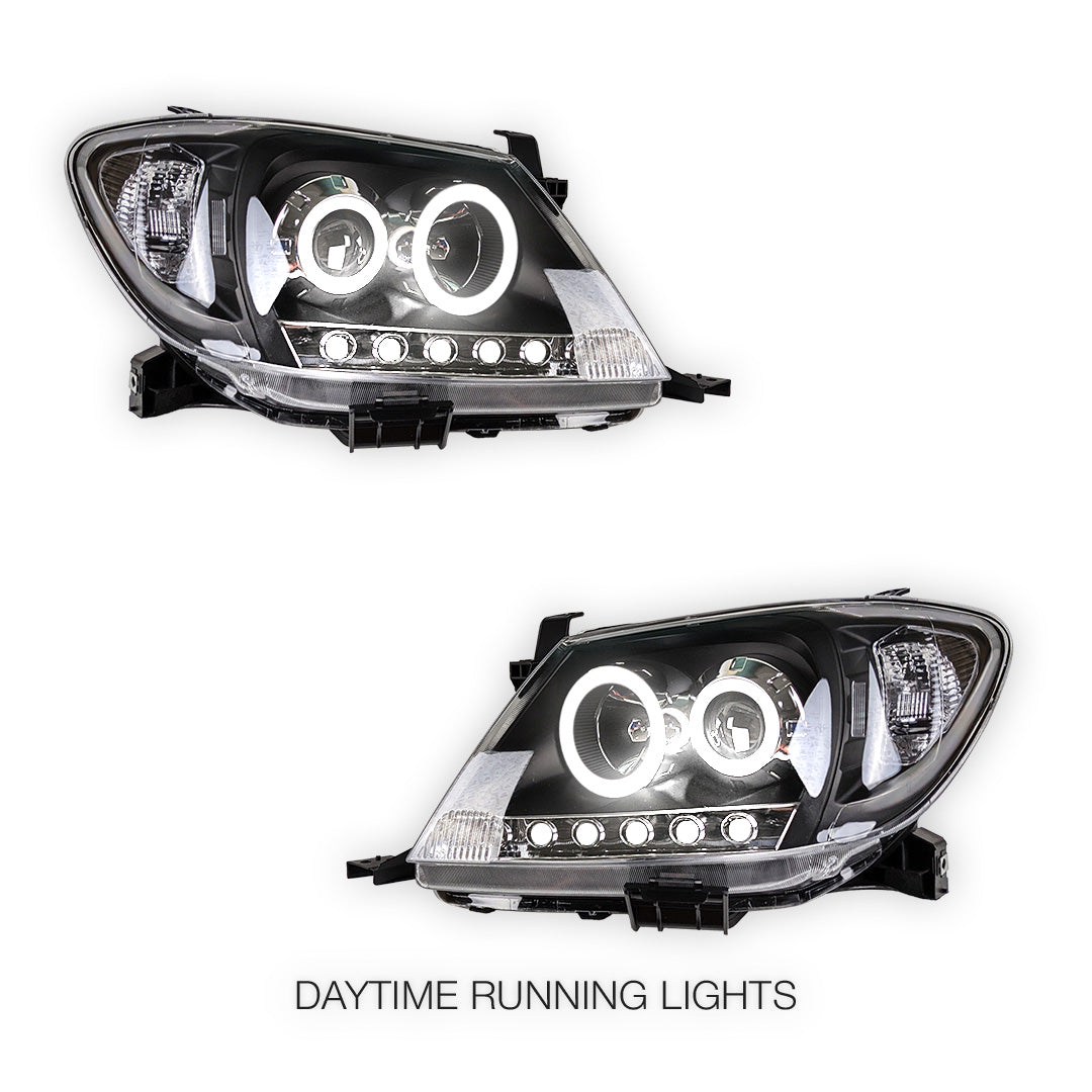 Toyota HiLux SR5 (2005 - 2010) Dual CCFL Halo Rings & LED Park Lights Clear Headlights LH + RH