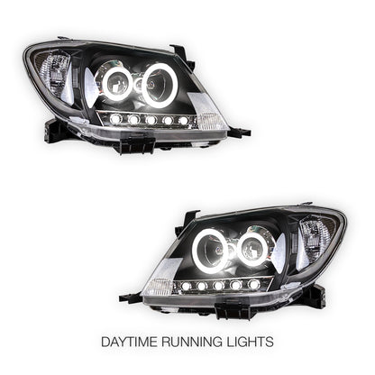 Toyota HiLux SR5 (2005 - 2010) Dual CCFL Halo Rings & LED Park Lights Clear Headlights LH + RH