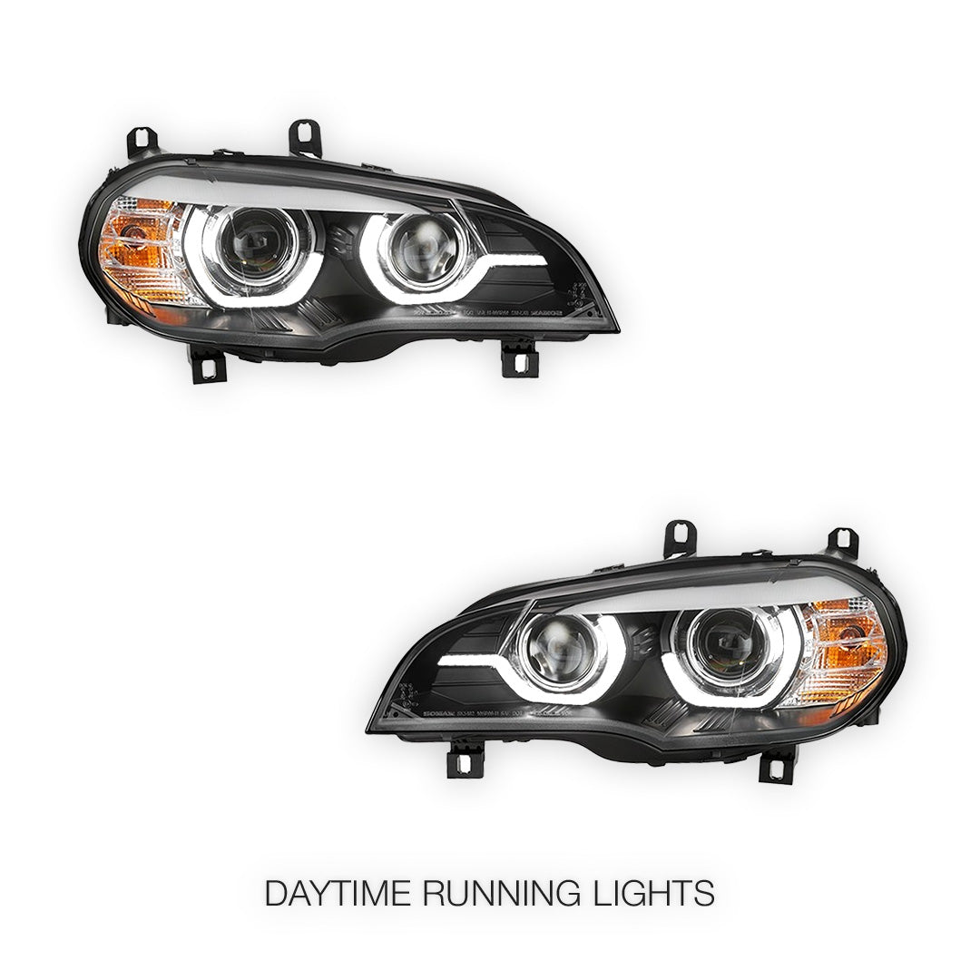 BMW X5 E70 (2007 - 2010) Black 3D Dual LED DRL Projector Headlights LH + RH