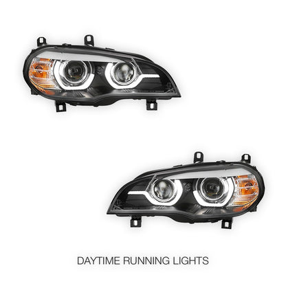 BMW X5 E70 (2007 - 2010) Black 3D Dual LED DRL Projector Headlights LH + RH