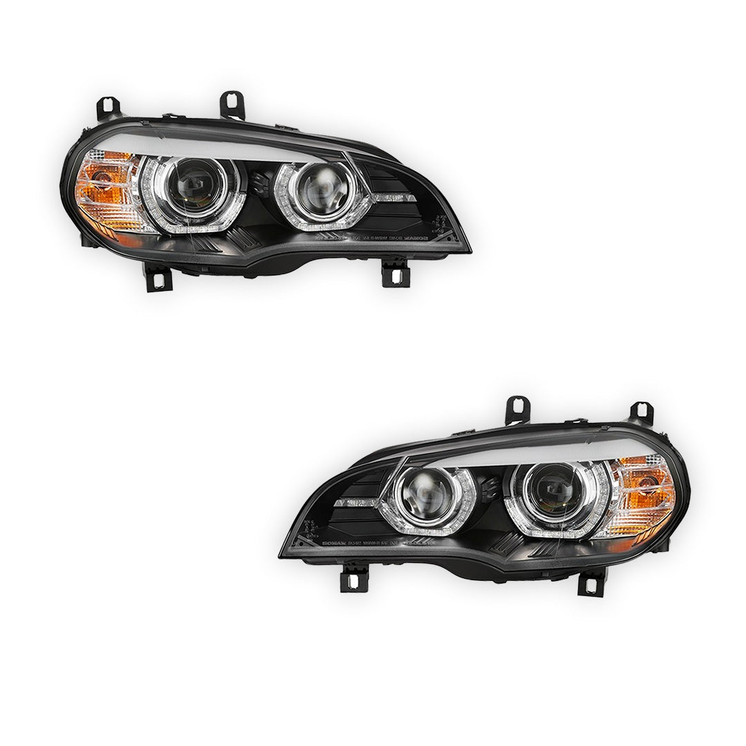 BMW X5 E70 (2007 - 2010) Black 3D Dual LED DRL Projector Headlights LH + RH