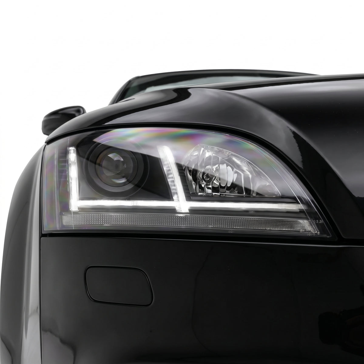 Audi TT 8J (2006 - 2014) Xenon Model Black 3D DRL LED Projector Headlights LH + RH installed close-up