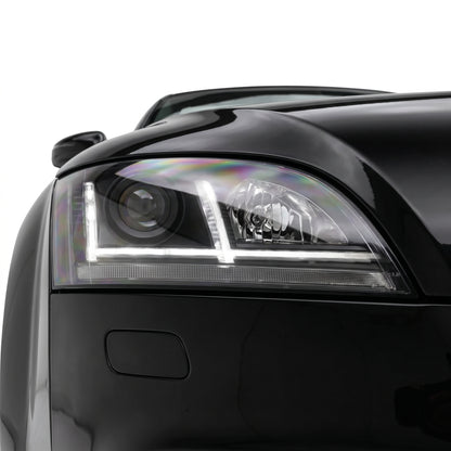 Audi TT 8J (2006 - 2014) Xenon Model Black 3D DRL LED Projector Headlights LH + RH installed close-up