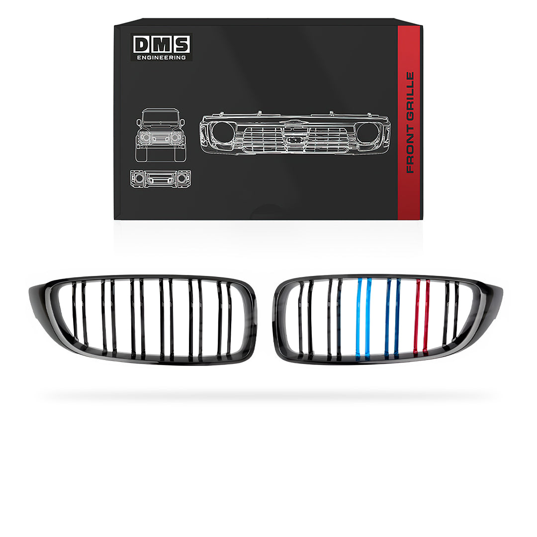 BMW 4 Series F32 / F33 / F36 / F82 / F83 (2013 - 2020) Gloss Black / Gloss Black with 3 colour stripes M4 Style Front Bumper Bar Grille