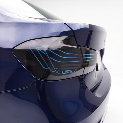 BMW 3-Series F30 / F80 / M3 (2013 - 2018) CSL Style Sequential RGB LED Tail Lights LH + RH installed close-up