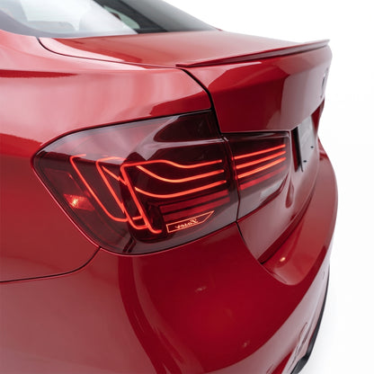 BMW 3-Series F30 / F80 / M3 (2013 - 2018) CSL Style Sequential Red LED Tail Lights LH + RH installed close-up
