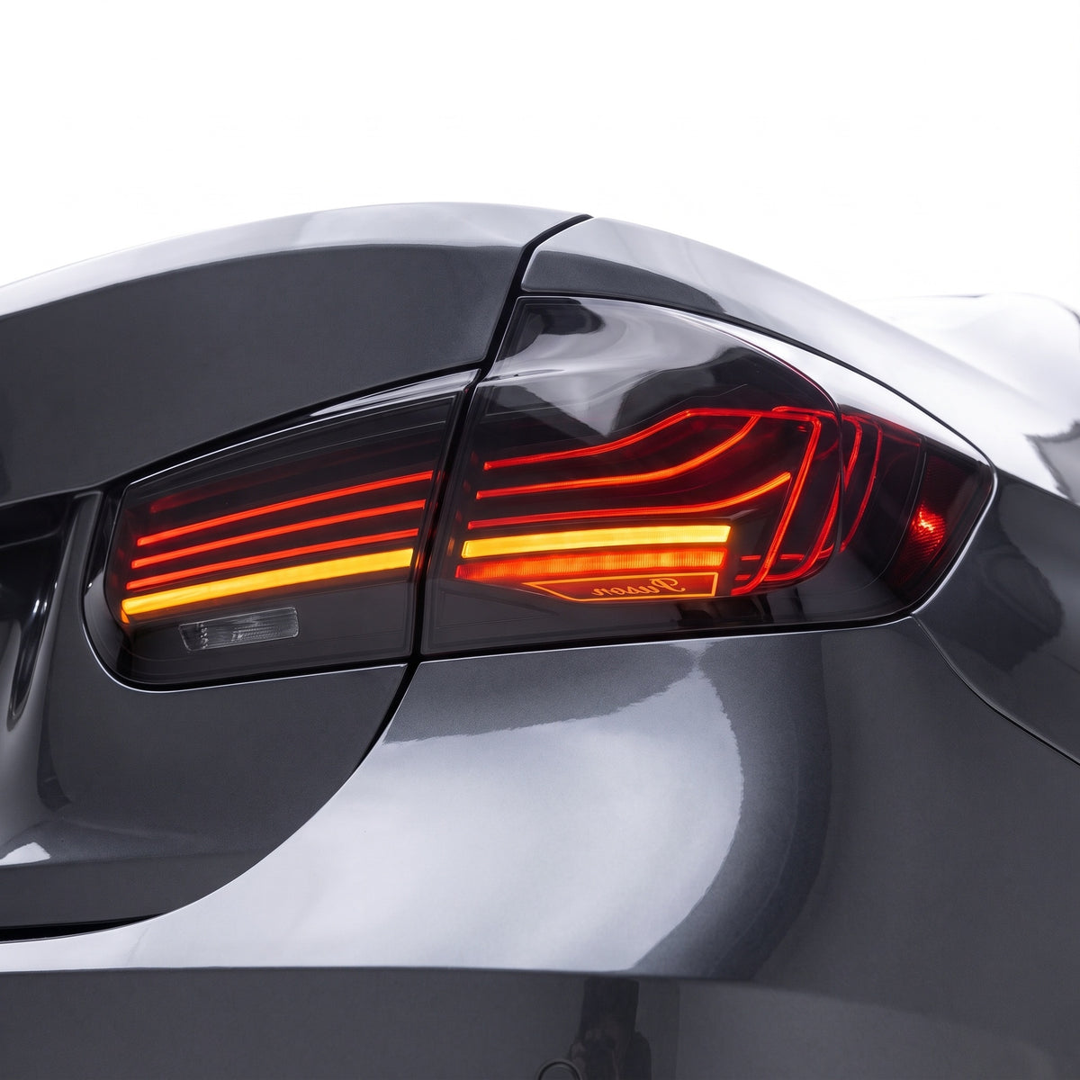 BMW 3-Series F30 / F80 / M3 (2013 - 2018) CSL Style Sequential Smoked LED Tail Lights LH + RH installed close-up