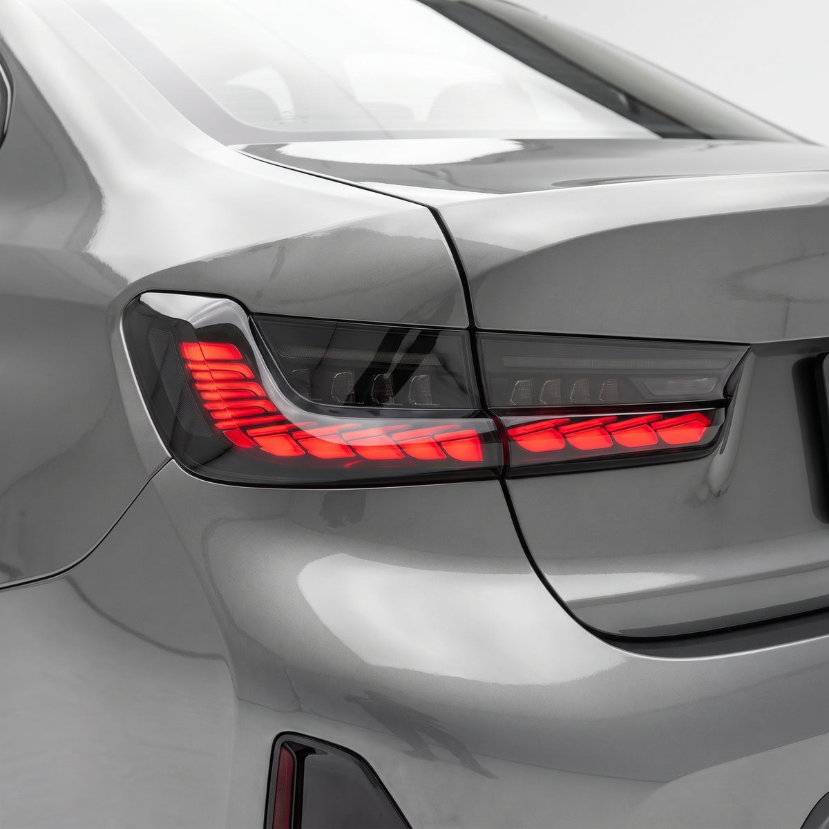 BMW 3-Series G20 (2019 - 2022) GTS Style Sequential Smoked Full LED Tail Lights LH + RH installed close-up