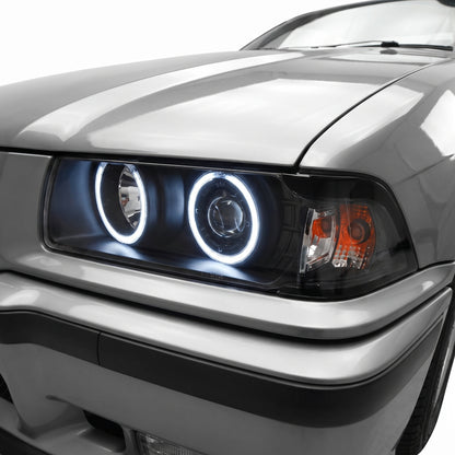 BMW 3 Series E36 2-Door (1992 - 1999) CCFL Angel-Eye Projector Headlights LH + RH installed close-up