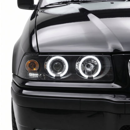 BMW 3 Series E36 Sedan / Wagon (1991 - 1997) Black CCFL Angel Eyes Projector Headlights LH + RH