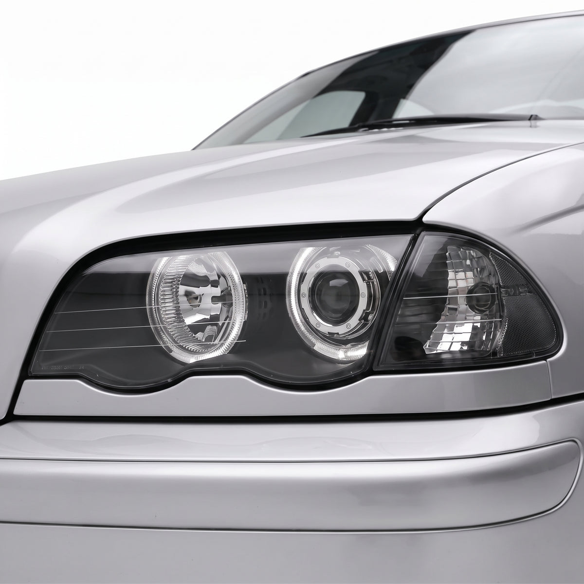 BMW 3 Series E46 Sedan / Wagon (1998 - 2001) LED Angel-Eyes Projector Headlights LH + RH installed close-up