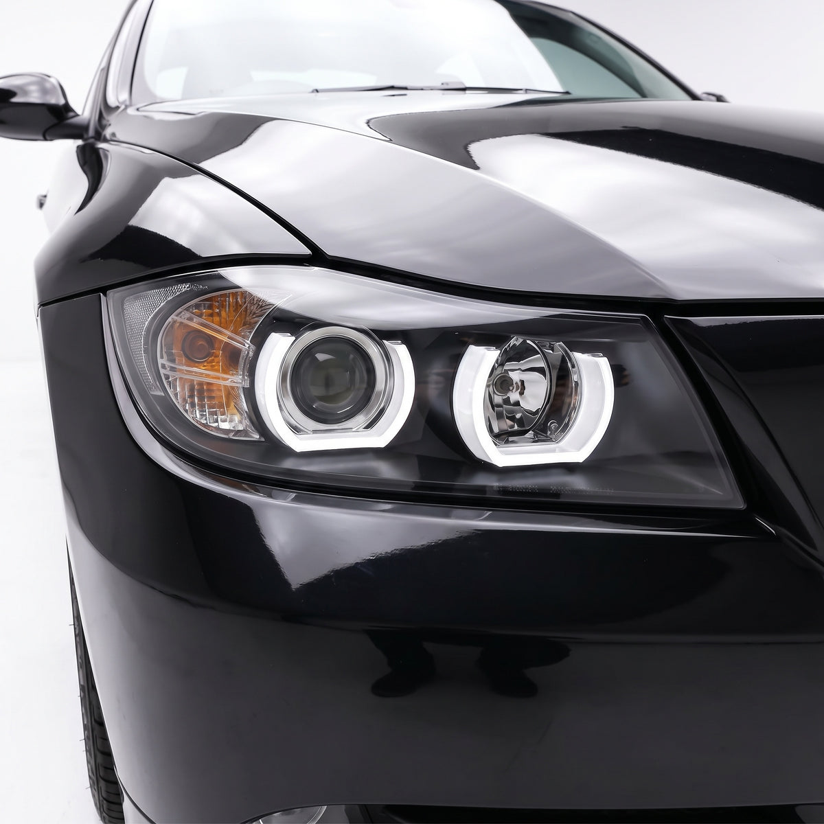 BMW 3 Series E90 / E91 (2005 - 2008) HID / Xenon Model LED 3D Angel-Eyes Projector Headlights LH + RH installed close-up