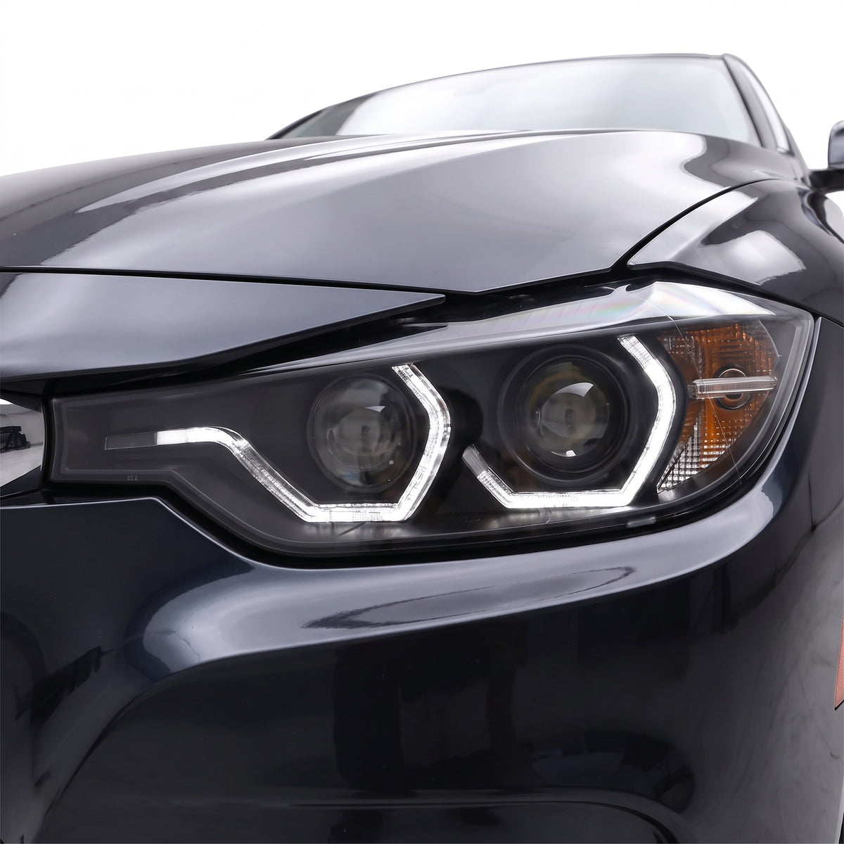 BMW 3 Series F30 / F31 (2012 - 2015) Halogen Model LED DRL Projector Headlights LH + RH installed close-up