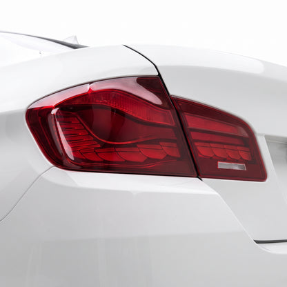 BMW 5-Series F10 / F18 (2011 - 2017) Sequential Red Full LED Tail Lights LH + RH installed close-up