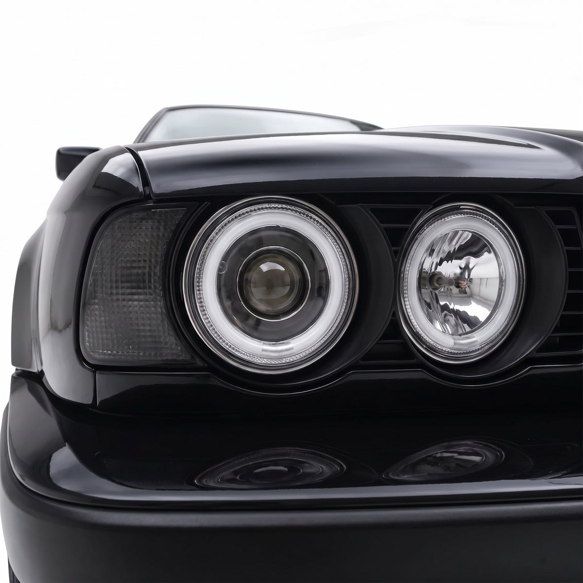 BMW 5 Series E34 (1987 - 1996) Crystal Clear CCFL Angel-Eye Projector Headlights LH + RH installed close-up