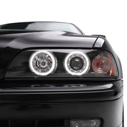 BMW 5 Series E39 (1995 - 2003) CCFL Angel-Eyes Projector Headlights LH + RH installed close-up