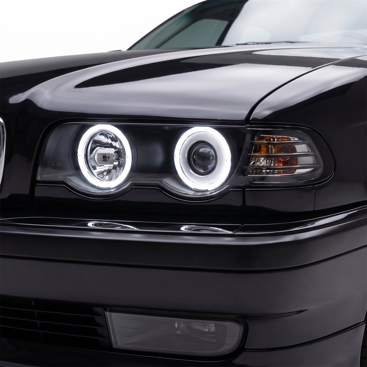 BMW 7 Series E38 (1995 - 1998) CCFL Angel-Eyes Projector Headlights LH + RH installed close-up