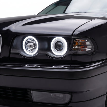 BMW 7 Series E38 (1995 - 1998) CCFL Angel-Eyes Projector Headlights LH + RH installed close-up