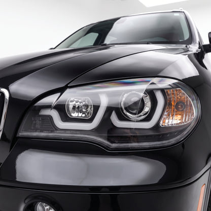 BMW X5 E70 (2007 - 2010) Halogen Model LED DRL Projector Headlights LH + RH installed close-up