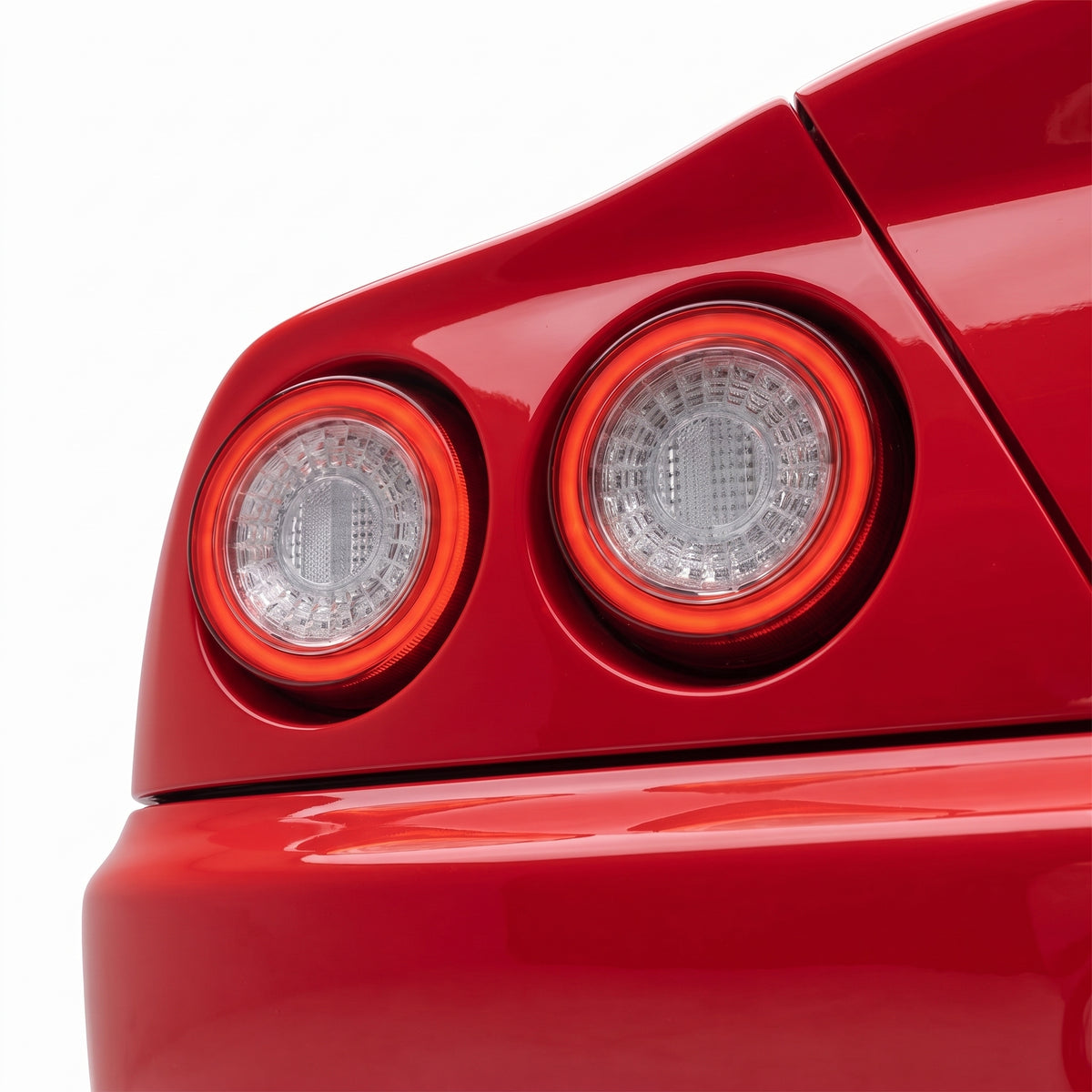 Ferrari 575 Maranello (2002 - 2006) Clear Red Full 3D LED Stripe Bar Tail Lights LH + RH installed close-up