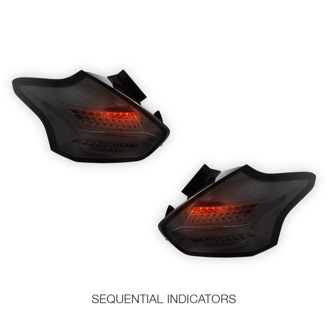 Ford Focus LZ (2015 - 2018) Sequential Smoked Red 3D Full LED Stripe Bar Tail Lights LH + RH