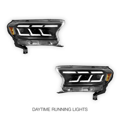 Ford Ranger PX2 / PX3 (2015 - 2019) Sequential Black Full LED Mustang Style Headlights LH + RH